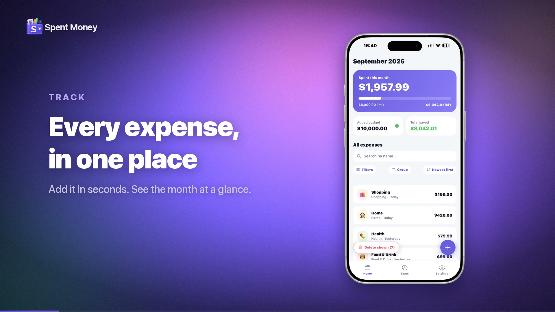 Eine kurze Tour durch die App Spent Money, mit Hintergrundmusik. Sie startet stumm.