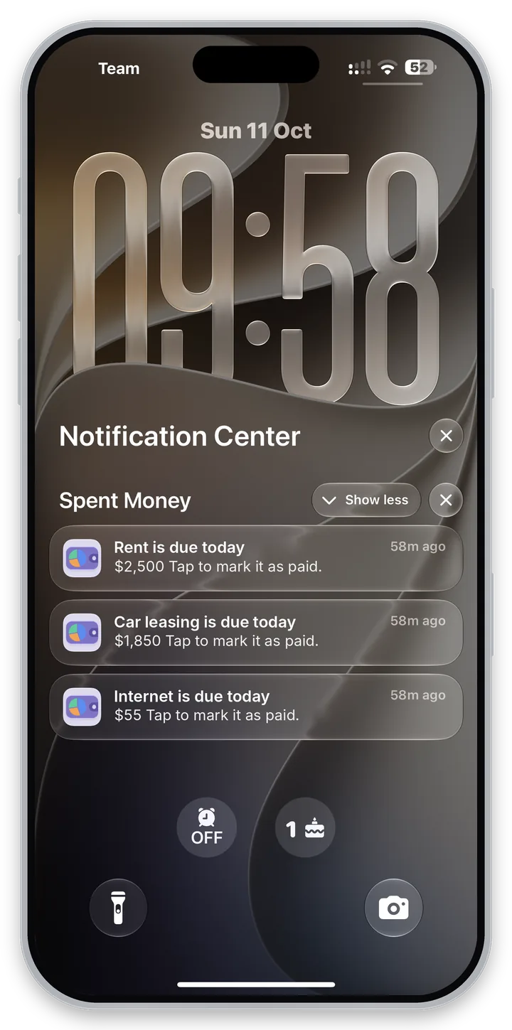 Promemoria di Spent Money sulla schermata di blocco dell’iPhone: affitto, leasing dell’auto e internet, tutti in scadenza oggi.